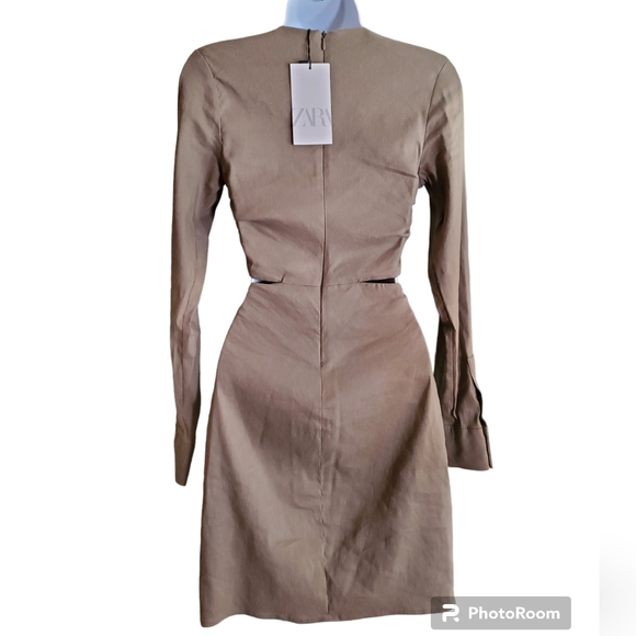 Zara Olive Green Linen Cut Out Mini Dress Size XS - Picture 8 of 12